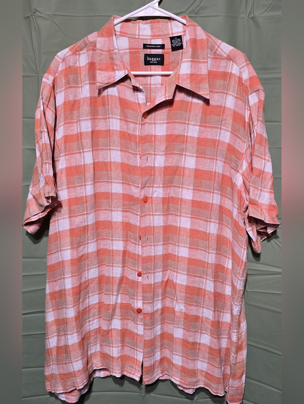 Haggar Coral & White Plaid Short Sleeve Button-Up Shirt